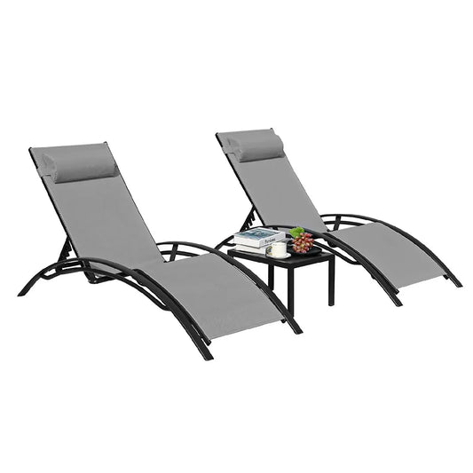 Ligstoelen Set - Stoelen  - Campingstoelen - Strandstoelen - Opvouwbaar - 3-Delige Loungeset - met Bijzettafel - 5 Posities Verstelbaar - voor Buiten - Tuin - Zwembad - Strand - Camping - Patio - Grijs