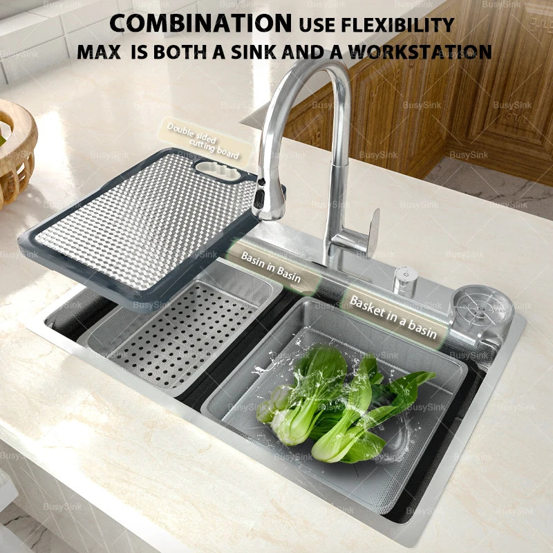 Silver Kitchen Sink 304 Stainless Steel Large Single Slot Undermount Multifunction Dishwashing Sinks 31.5x18.9 inch