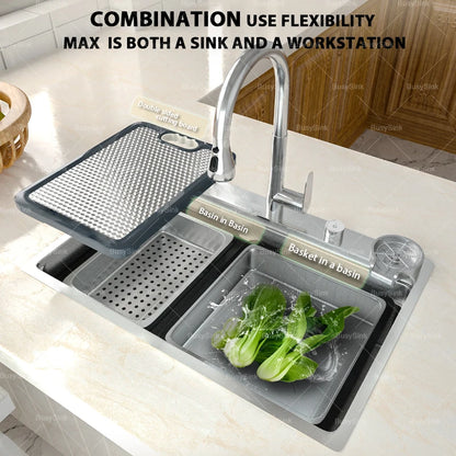 Silver Kitchen Sink 304 Stainless Steel Large Single Slot Undermount Multifunction Dishwashing Sinks 31.5x18.9 inch