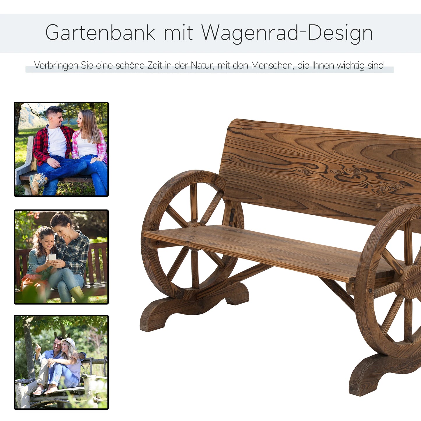 Houten Tuinbank – Buitenbank – Tuinmeubel – Rustieke Bank – Massief Dennenhout – Wagenwiel Armleuningen – Draagkracht 250 Kg
