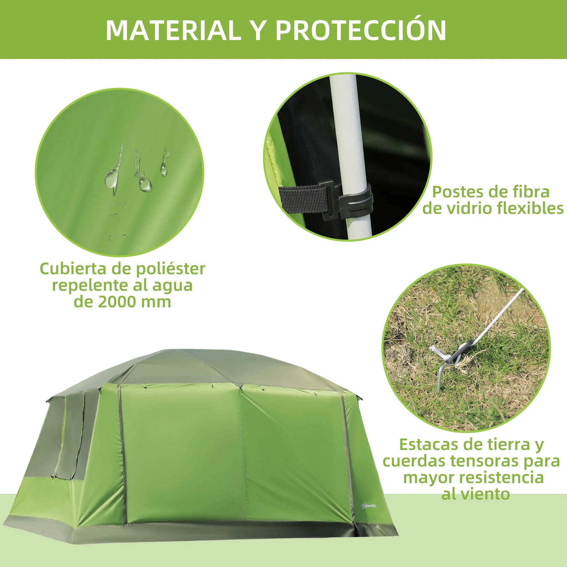 Familietent - 4 tot 8 Personen - Grote Kampeertent - Dubbele Compartimenten - UV-bescherming - Waterdicht - 405x305x225 cm - Groen - QUORE