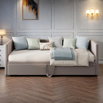 Bedbank 2-in-1 – Slaapbank – Schlafsofa – Uitklapbed – Velours Bankbed Beige – Verstelbaar Tweepersoonsbed – Ruimtebesparend Design