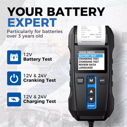 Batterijtester - Accutester - Batterij Checker - 12V/24V - Digitale Oplaad- en Starttest Tool – Voertuiganalyse met Printer – Ondersteunt 8 Talen