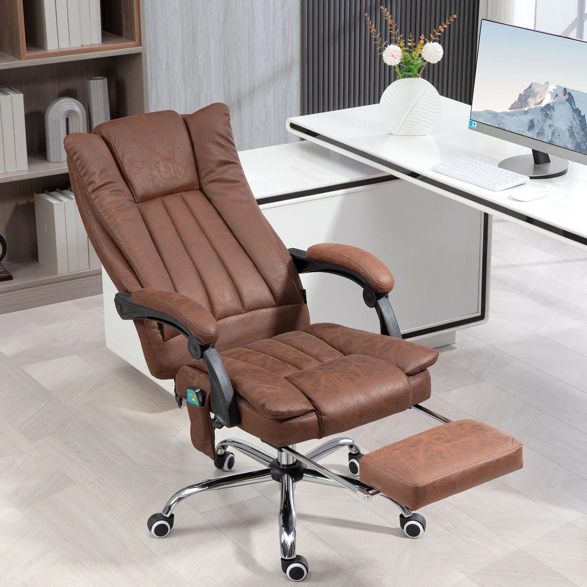 Massagestoel - Ergonomische Bureaustoel - Gaming Stoel - Kantoorstoel - Stoelen - met Verstelbare Rugleuning - en Verwarming - 6 Massagepunten - 360° Draaibaar - Verstelbare Voetsteun - Bruin - QUORE