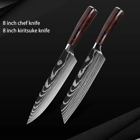 Keukenmessen - Knife set - Chef Knife - Knives - Kitchen Knife - Roestvrij staal met hoog koolstofgehalte - Damascus-tekening - Hakmesset - Santoku-koksmes - 7stuks