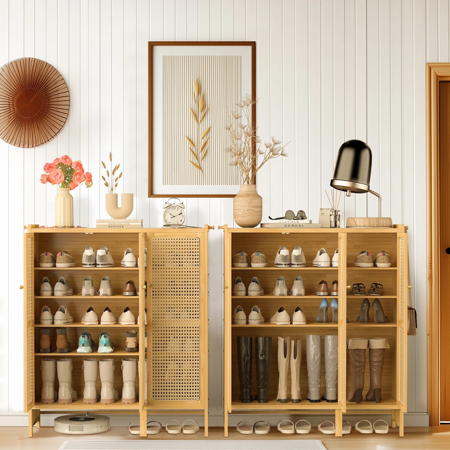 20 Pairs Bamboo Shoe Storage Cabinet 107cm Tall Rattan Shoe Cabinet with Doors and 6-Tier Shelves for Entryway Hallway Closet