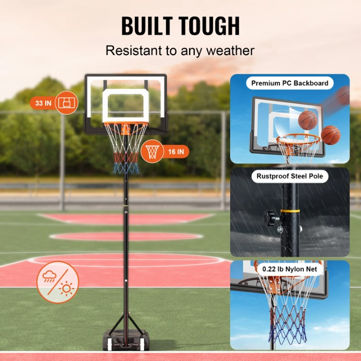 Basketbalstandaard - Basketbalpaal - Basketbalring - 5-7ft - voor Tiener - Volwassene - In Hoogte Verstelbaar - Draagbare - met Wielen - Standaard Invulbare - voor Buiten - Tuin - Achtertuin - Basketbalveld - QUORE