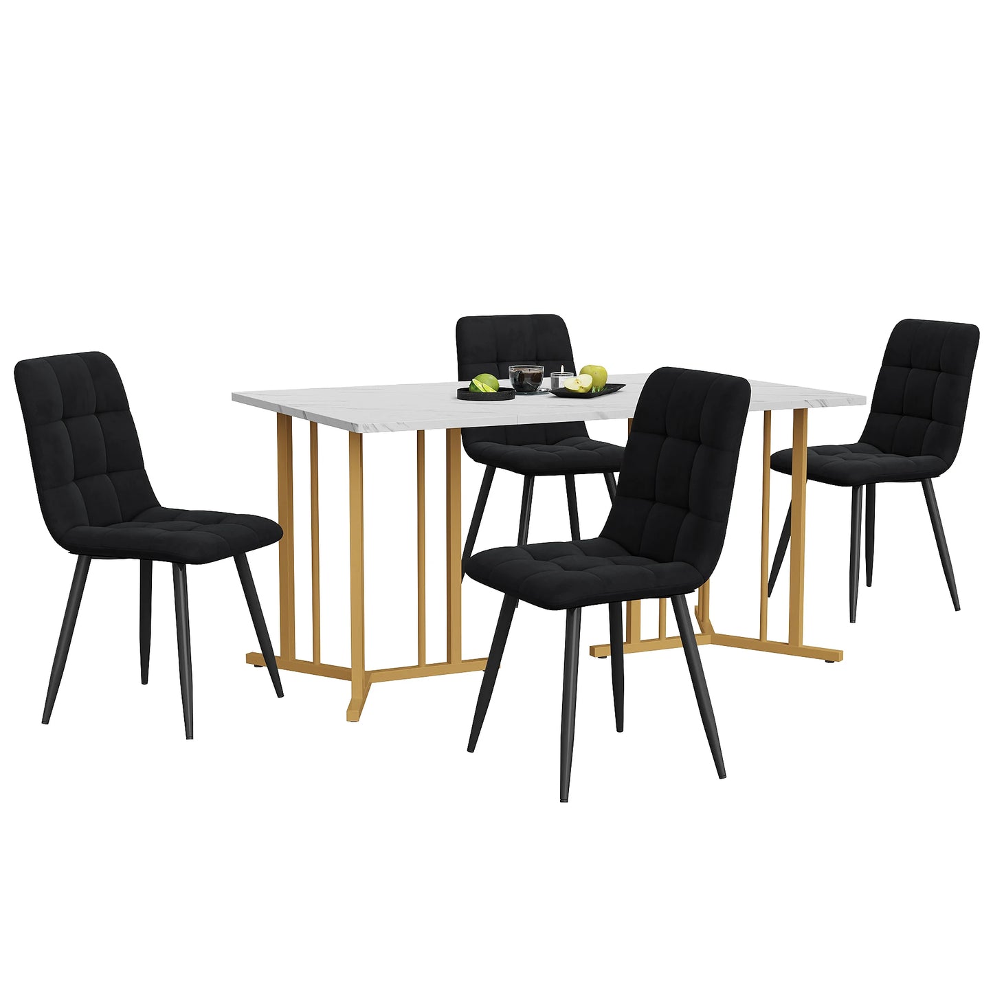 Eettafelset – Eettafel Met Stoelen – Dinerset – Fluwelen Stoelen – 140x80 Cm Tafel – Verstelbare Pootjes – Metalen Frame - Zwart & Goud