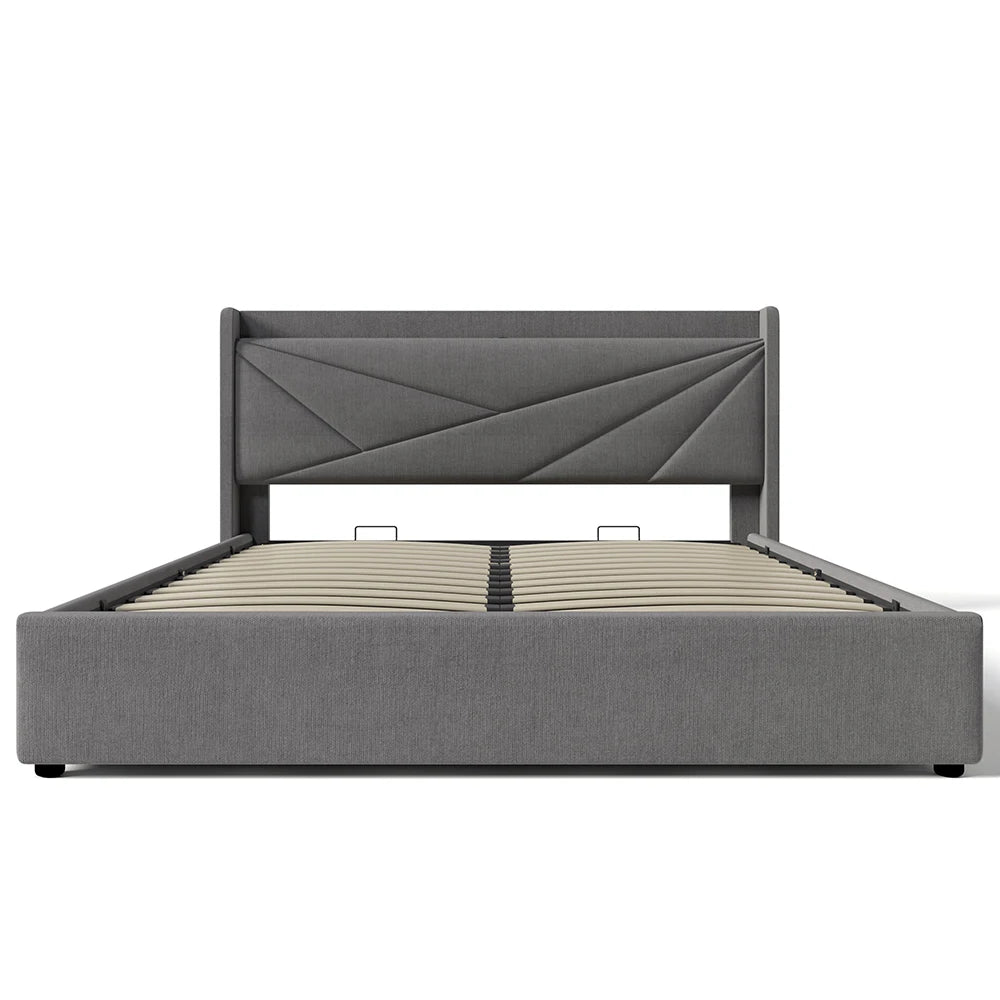 Bed – Tweepersoonsbed – Gestoffeerd Bed – Opbergbed – Linnen Bedframe – Donkergrijs – 160x200 cm – Met USB-C Oplaadfunctie – Met Grote Opberglade