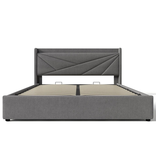 Bed – Tweepersoonsbed – Gestoffeerd Bed – Opbergbed – Linnen Bedframe – Donkergrijs – 160x200 cm – Met USB-C Oplaadfunctie – Met Grote Opberglade