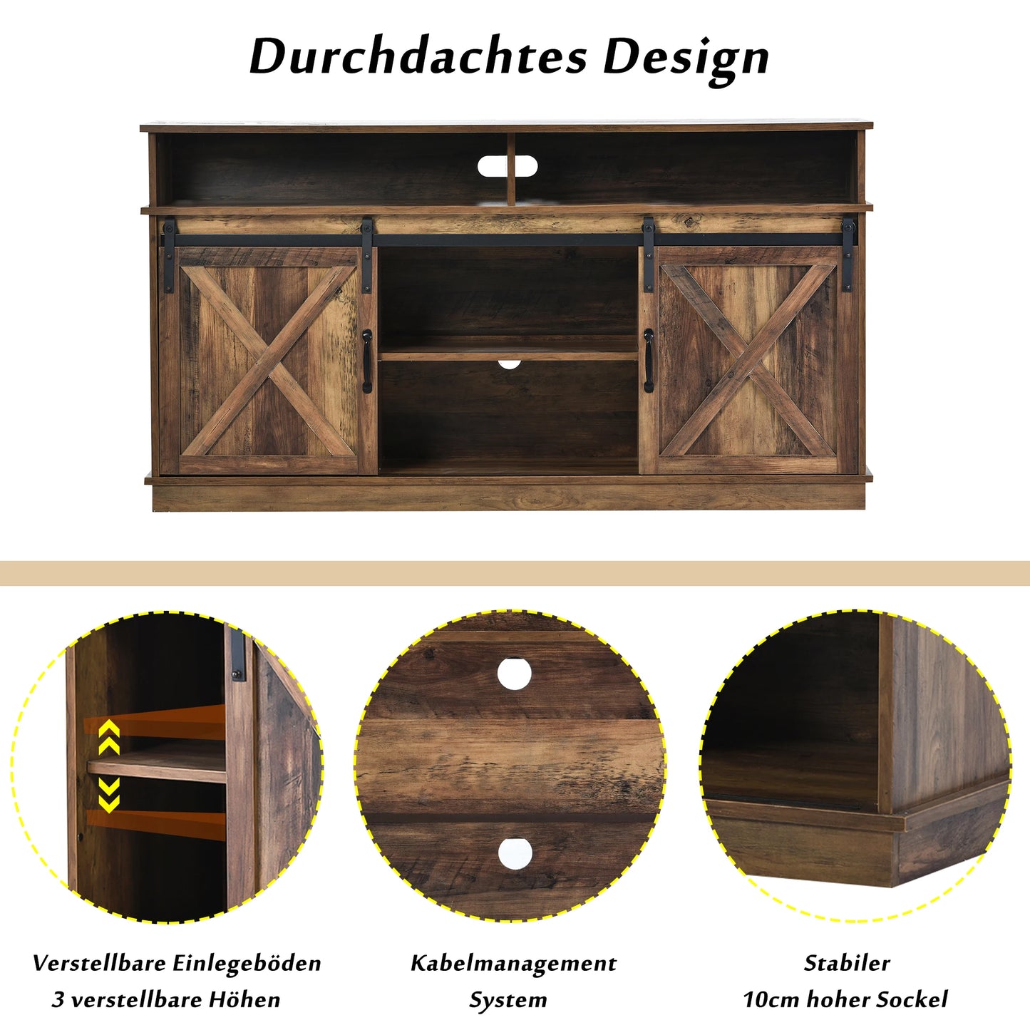 Tv-Meubel – Tv-Kast – Tv-Stand – Opbergmeubel – Schuifdeuren – Tot 65 Inch – Verstelbare Planken - 148 x 40 x 70 cm - Bruin