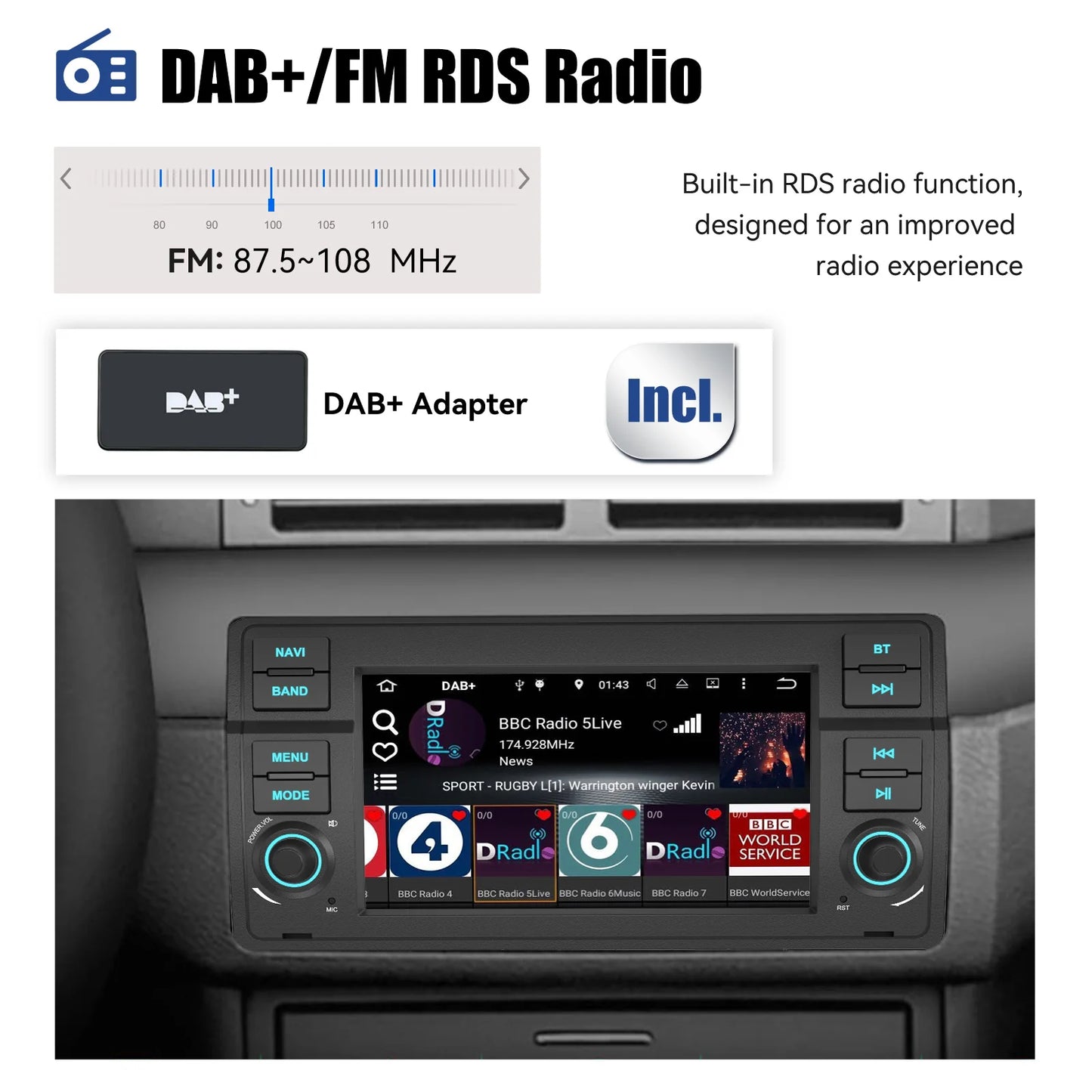 Multimedia Speler Auto – Autoradio – Touchscreen Navigatie – DAB Radio – Double Din – 7 Inch IPS Display – Draadloze Apple CarPlay & Android Auto – 64GB Intern Geheugen