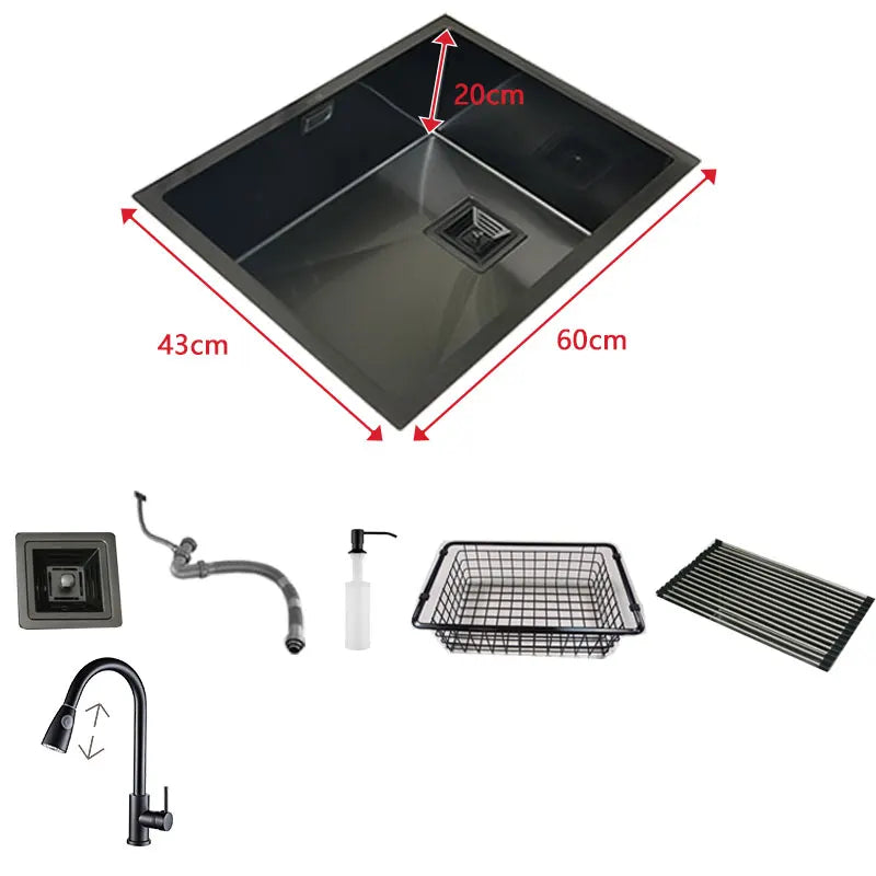 Matte Zwarte Keukenspoelbak – Spoelbak – Keukenspoelbak – Inbouw Spoelbak – Enkele Kom – Roestvrij Staal – 60x43 cm – Nano Matte Afwerking
