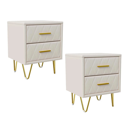 Nachtkastje – Bijzettafel – Ladekast – Nachttafel – Meubel – Set van 2 – 2 Lades – Beige Gestoffeerd – Gouden Metalen Pootjes – 41x35x51 cm