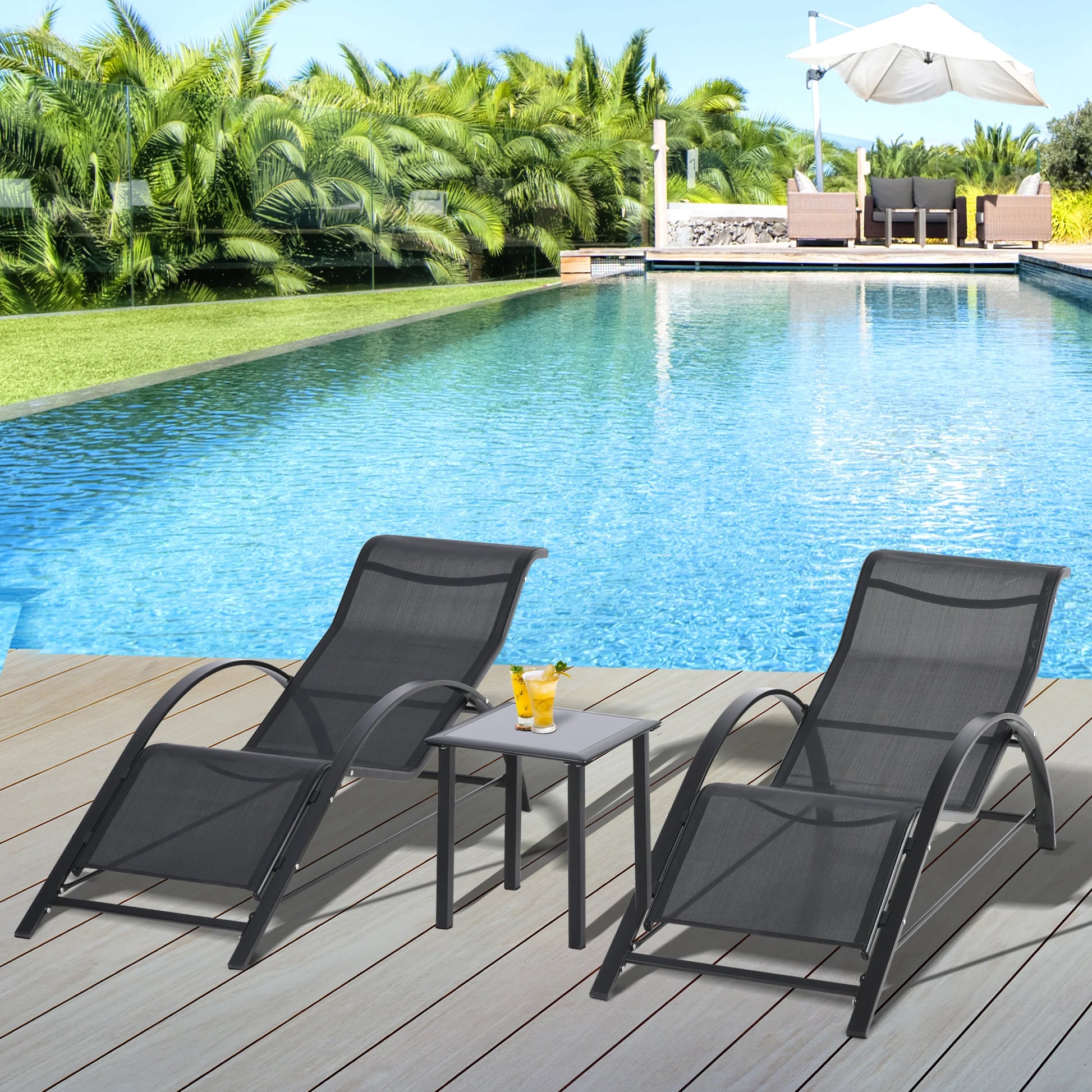 Ligstoel - Set van 2 - Ligstoel Tuin - met Bijzettafel - Weerbestendig - Ademend Textileen - Voor Tuin, Terras en Balkon - 59x169x66cm - Grijs - QUORE