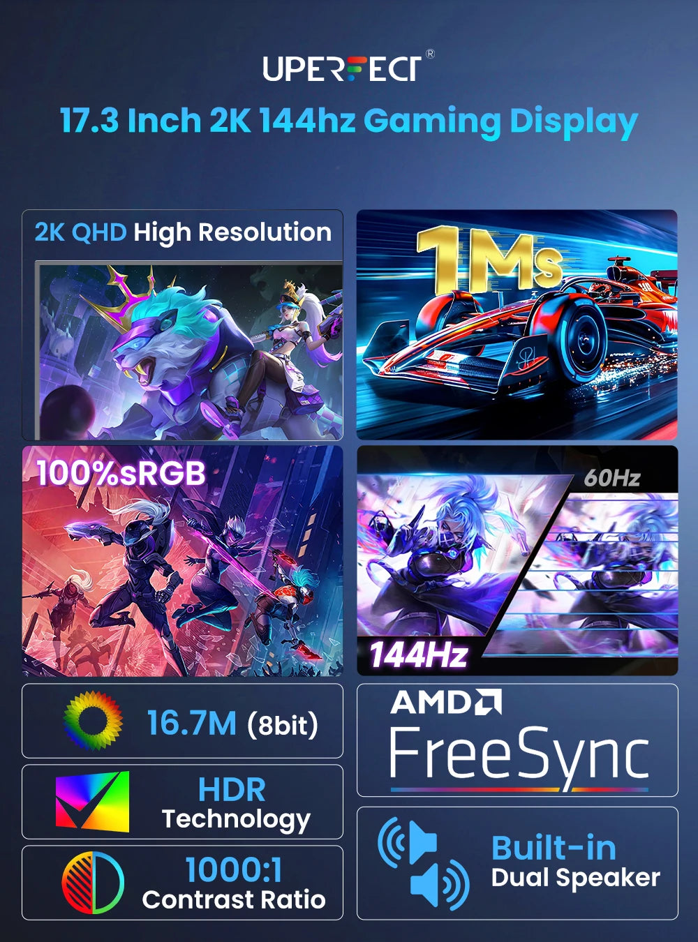 UPERFECT 17.3 Inch 2.5K 144Hz Gaming Portable Monitor 2560x1440P  Second Computer ScreenTravel Display For Laptop HDR With VESA