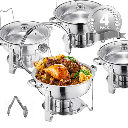 Chafing Dish - Warmhoudplaat - Buffetwarmer Set - Rechaud - Buffet Warmhoudpannen - met Glazen Deksel - voor Feesten & Banketten - Set van 4 - Zilver - QUORE