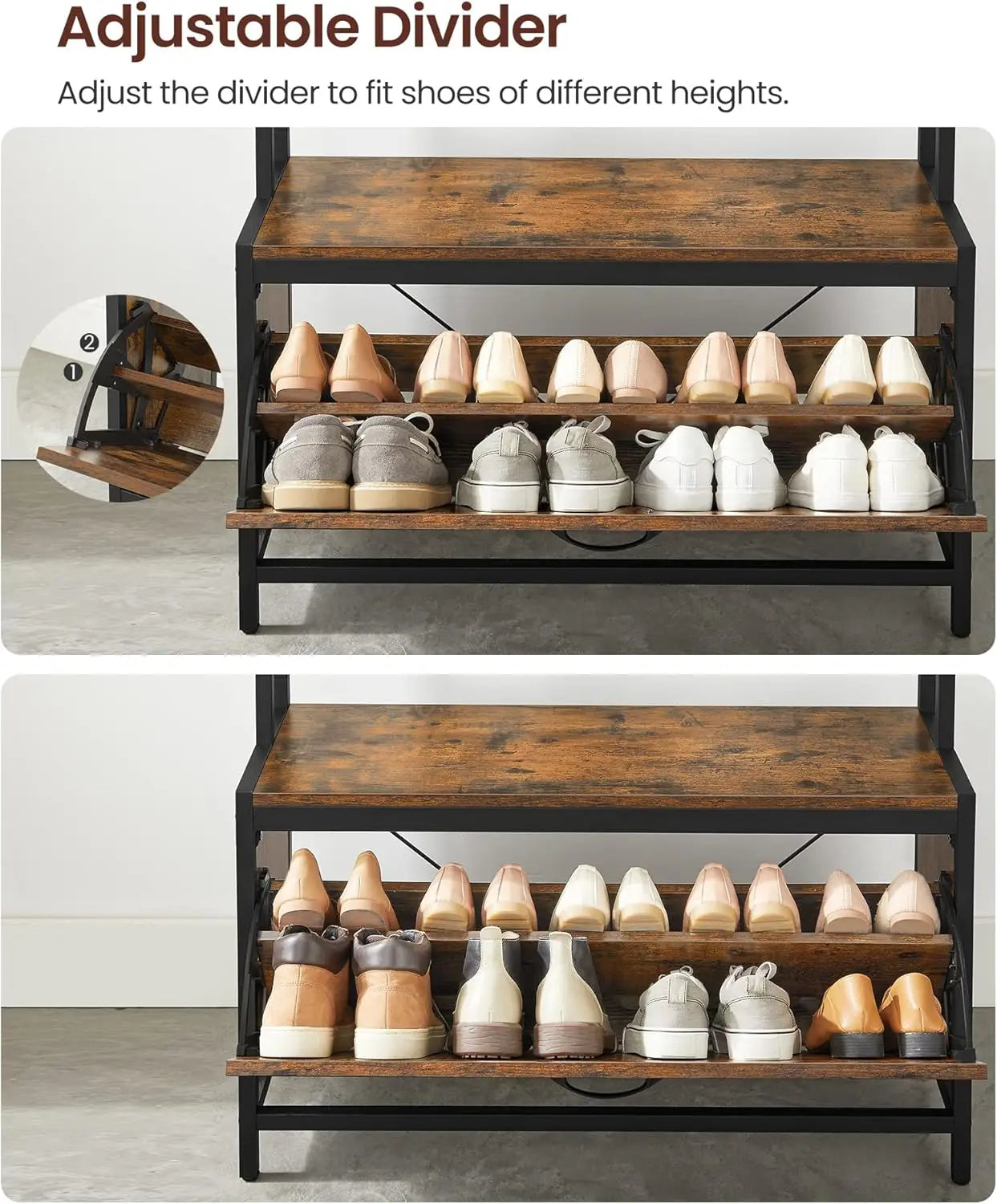 Multifunctionele Kapstok met Schoenenkast en Bank - 9 Haken - Opbergrek voor Hal - Vintage Bruin en Zwart Design - Robuuste Stabiele Kledingstandaard met Plank en Vouwcompartiment
