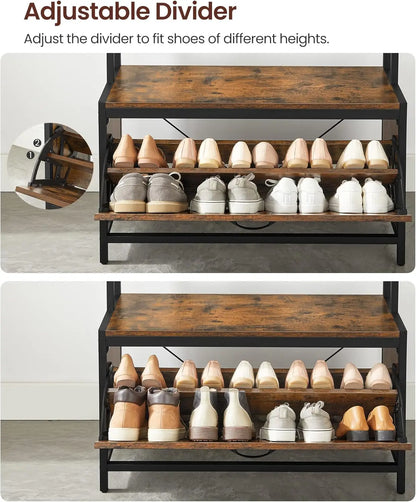 Multifunctionele Kapstok met Schoenenkast en Bank - 9 Haken - Opbergrek voor Hal - Vintage Bruin en Zwart Design - Robuuste Stabiele Kledingstandaard met Plank en Vouwcompartiment