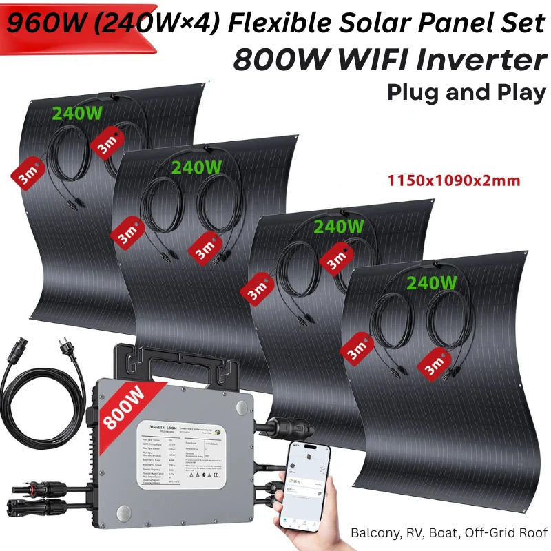 960W Zonnepanelen Set – Zonnepaneel Kit – Balkonzonnepanelen – Flexibele Panelen – Micro-omvormer – 17,55% Efficiëntie – IP67 Waterdicht