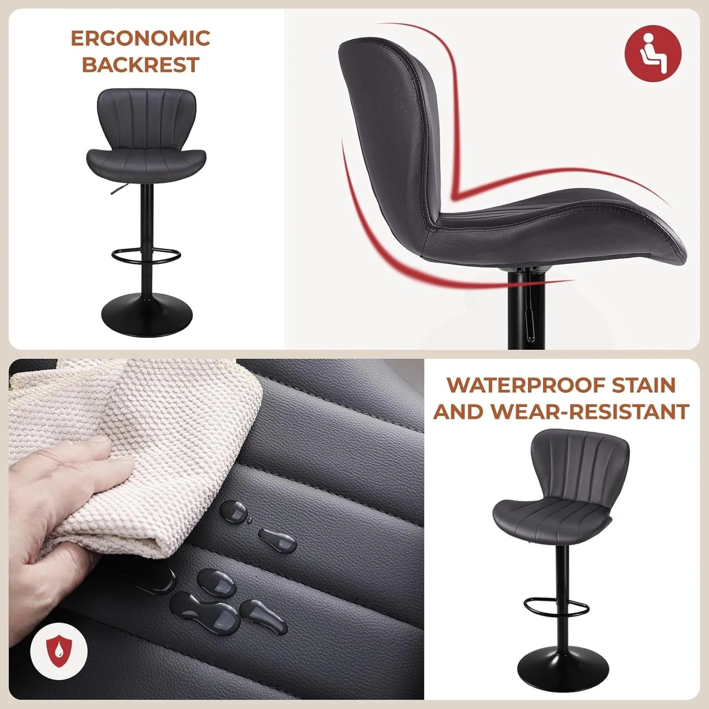 Barstoelen – Barkrukken – Keukenstoelen – Hoge Stoelen – Barstoelen Set 2 Stuks – Verstelbare Zithoogte – 360° Draaibaar – PU Leer – Roestvrij Stalen Frame - Grijs
