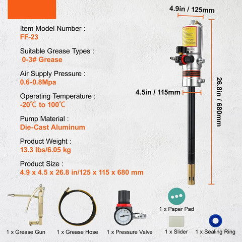 Grease Gun - Pneumatic Grease Gun - 50:1 Pressure Ratio - 360° Rotatable Grease Gun Head - Aluminium Grease Gun - Grease Gun Pistol Grease Gun Powerful - Black
