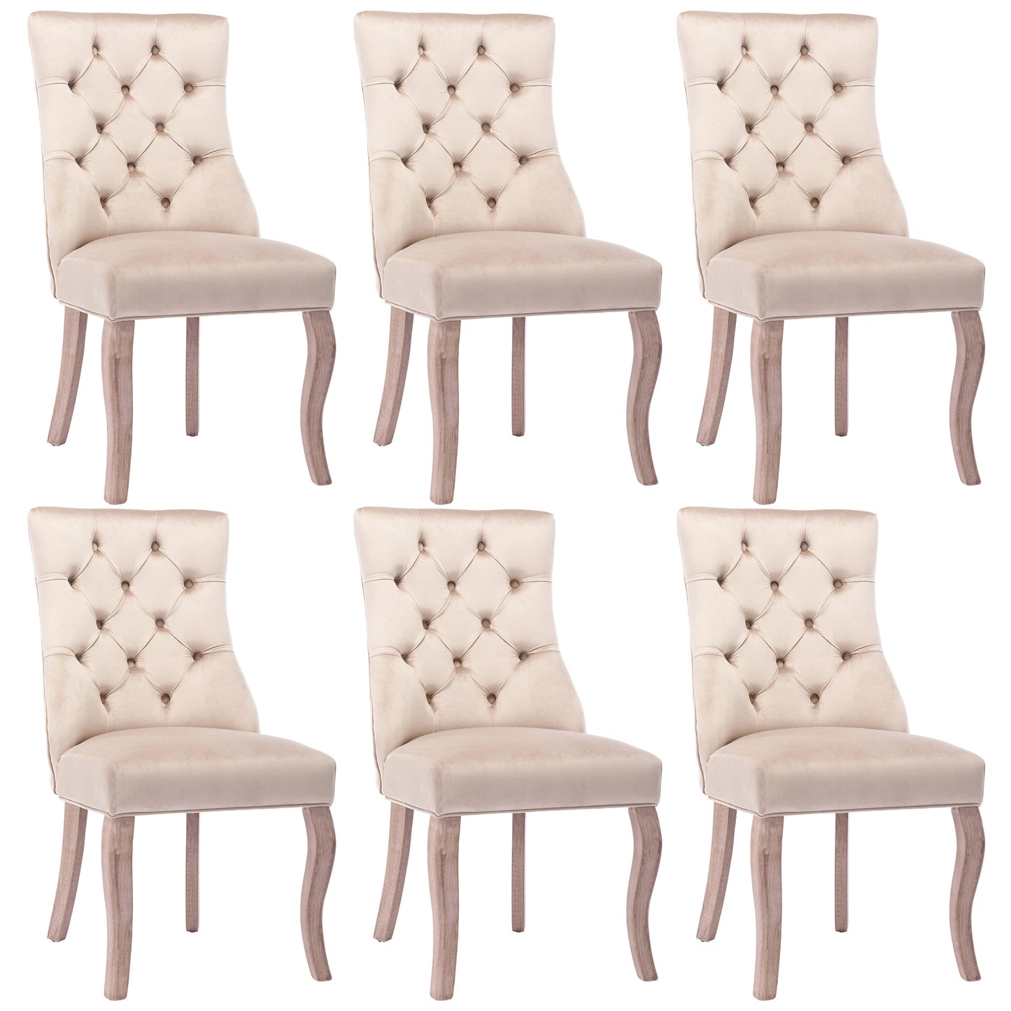Eetkamerstoel – Fluwelen Stoel – Comfortabele Stoel – Hoge Rugleuning – Massief Rubberhout – Draagvermogen 150 Kg – Zachte Schuimlaag - 6 Stuks - Beige