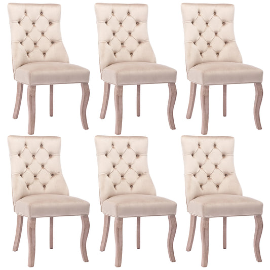 Eetkamerstoel – Fluwelen Stoel – Comfortabele Stoel – Hoge Rugleuning – Massief Rubberhout – Draagvermogen 150 Kg – Zachte Schuimlaag - 6 Stuks - Beige