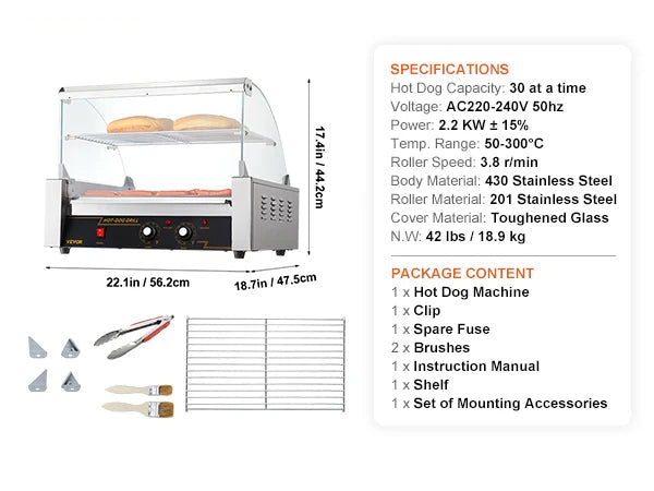 Hotdog Grillmachine – Hotdog Maker – Snack Grill – Worstjes Grill – 30 Hotdogs Capaciteit – Roestvrij Staal Behuizing – Instelbare Warmteregeling