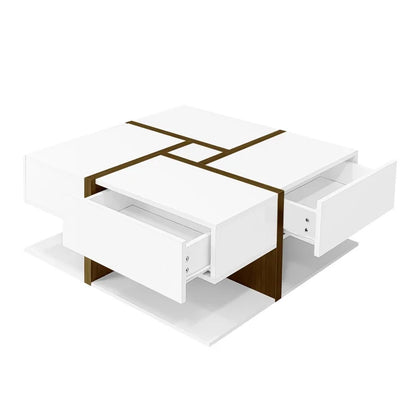 Salontafel – Koffietafel – Woonkamertafel – Tafel Met Lades – Opbergtafel – Hoogglans Afwerking – 4 Uitschuifbare Lades – Uniek Kleur- En Lijnpatroon – Extra Opbergruimte Onderblad – 78x78x34,8 cm – Wit