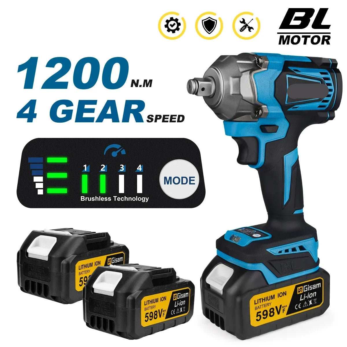 Slagmoersleutel - Slagschroevendraaier - Slagmoersleutel - Krachtige Draadloze Slagmoersleutel – 1200N.M - Brushless – Inclusief 1 Accu – Geschikt voor 18V Batterijen