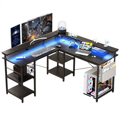 Bureau – Werkplek – Gametafel – Computerbureau – Laptoptafel – Zwart – 2-in-1 L-Vorm 140x140/230cm – Ergonomische Monitorstandaard & Geïntegreerde Stroomhub - QUORE