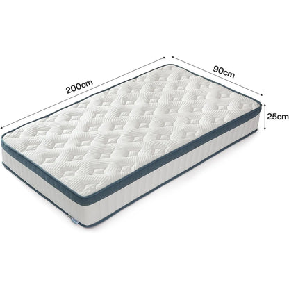 Matras – Pocketveringmatras – Slaapmatras – Traagschuimmatras – Stevig Matras – 90x200 cm – Hardheid H2 – 25 cm Hoogte – Gecertificeerd Veilig – Met Traagschuim