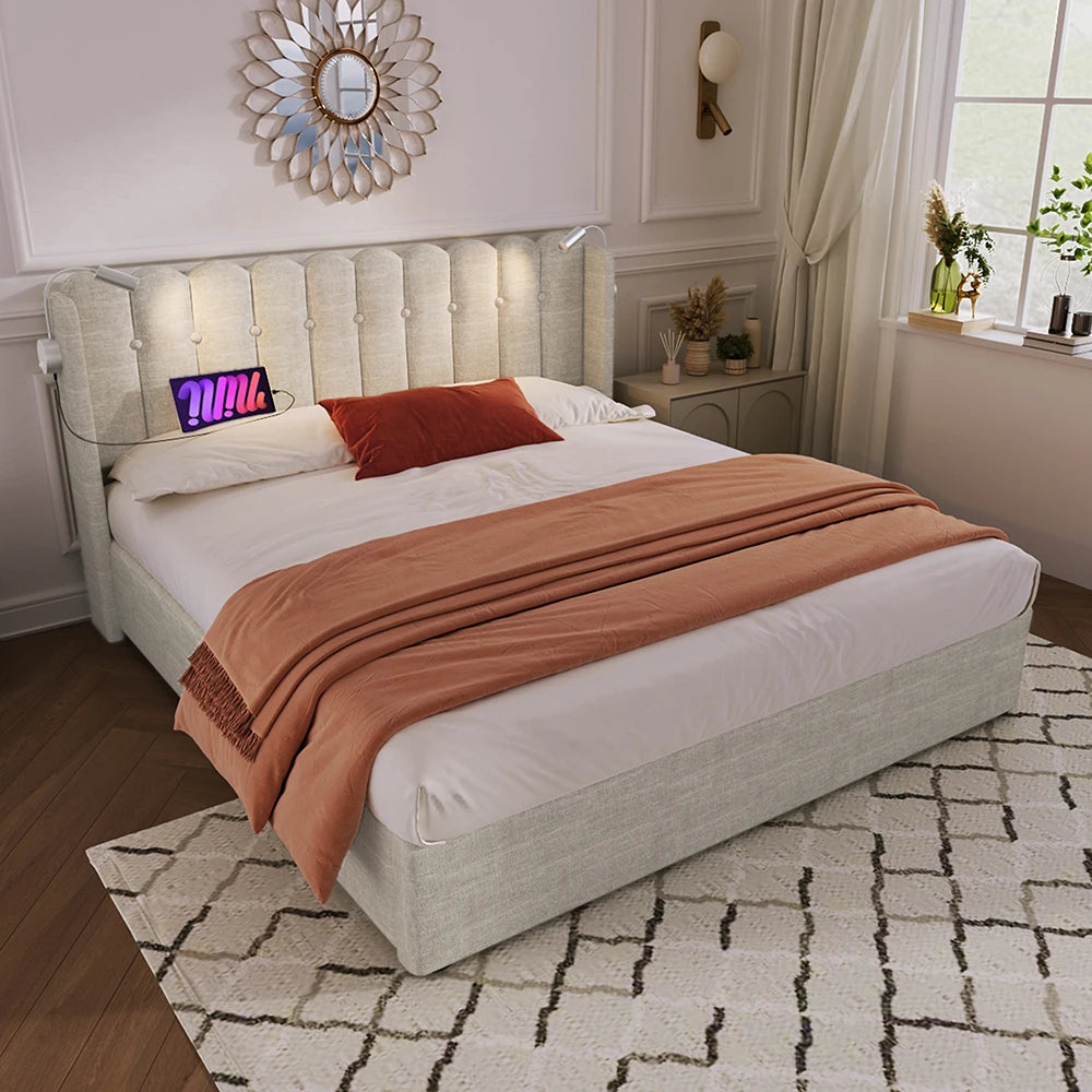 Bed – Slaapbed – Opbergbed – Linnen Bed – Houten Bed – 160x200 cm – Opklapbare Lattenbodem Met Gasveren – Geïntegreerde Leeslamp Met USB-oplaadpoort - QUORE