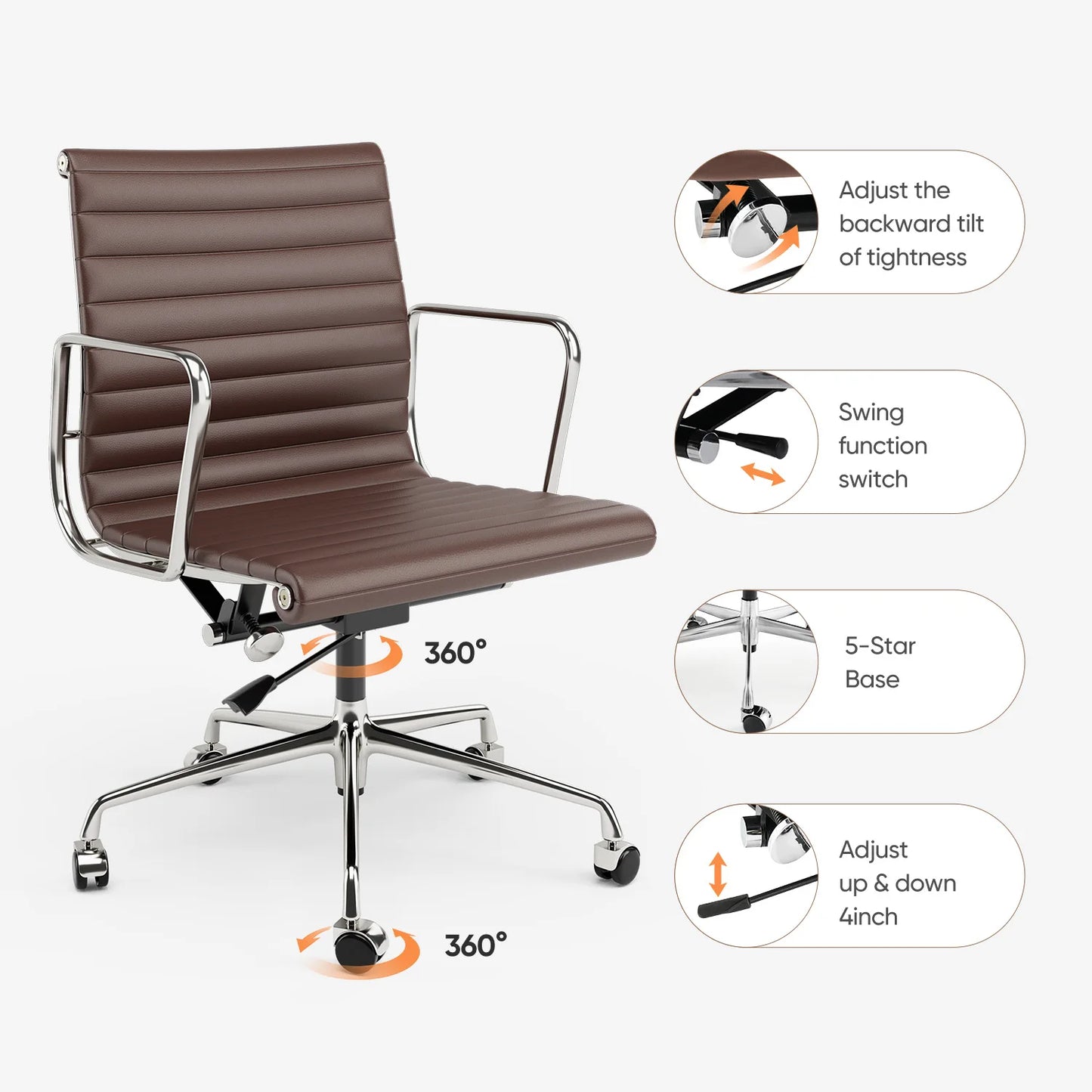 Bureaustoel – Ergonomische Stoel – Office Chair – Draaistoel – Gamestoel – Bruin Leder – Verstelbare Hoogte – Ribbelstructuur Zitvlak - QUORE