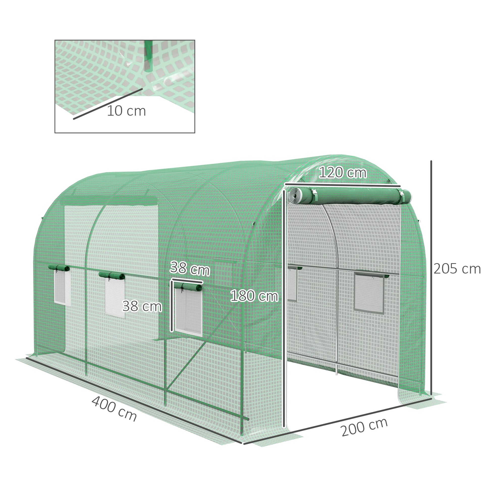 Tunnelkas – Kweekkas – Broeikas – Serre – Groentekas – Groen – Met Rolluikdeur en 8 Ramen – Stevig Metalen Frame en UV-bestendige PE Hoezen 140 g/m² - QUORE