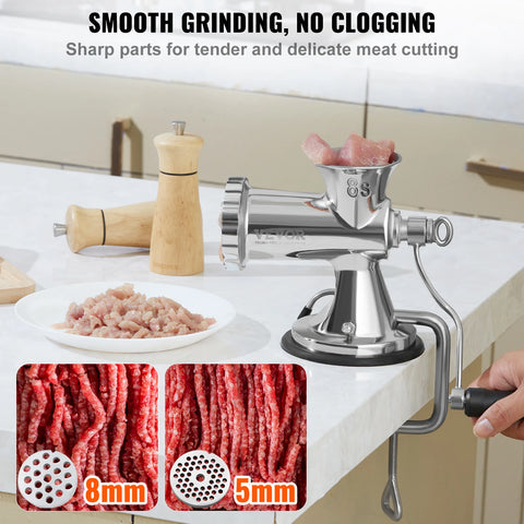 Manual Meat Grinder - For all types of Meat - 304 Stainless Steel - Meat Grinder - Food Grinder Machine - Meat Grinder with Suction Cup - Silver