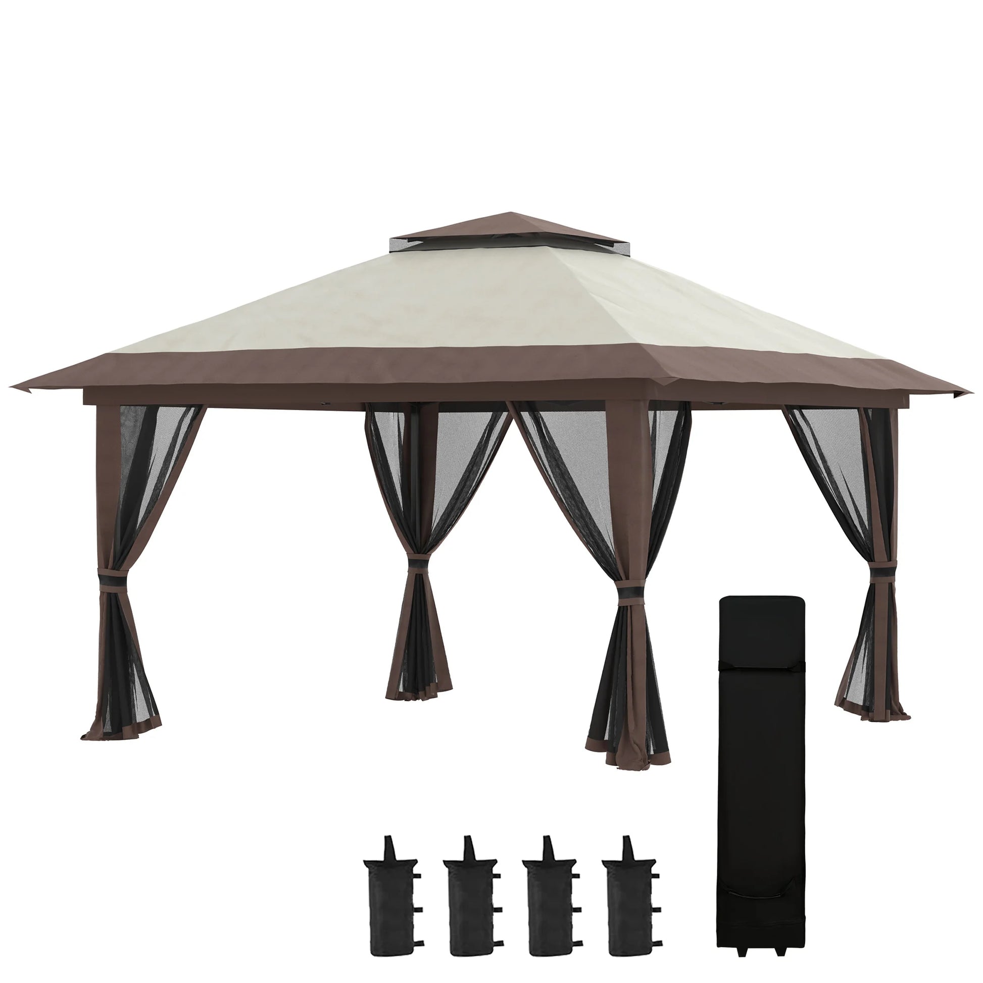 Tuinpaviljoen - Vouwtent – Pop-Up Tent – Opvouwbare Tent – Beschutting Tent – Verstelbare Hoogte – Waterafstotend Oxford Polyester – Metalen Frame - 4 x 4 m - Beige - QUORE