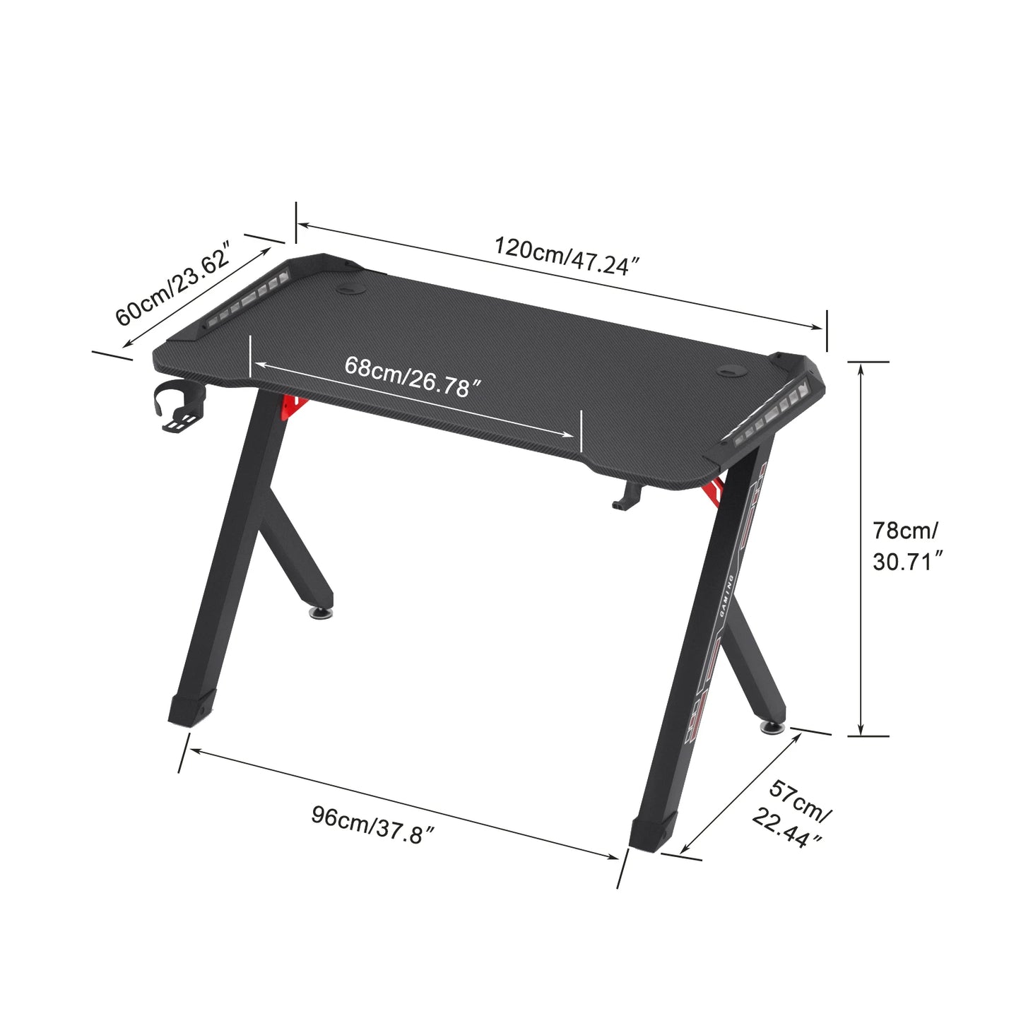 Gaming Bureau - met RGB LED Verlichting - Gaming Tafel - Gaming Desk - Computer Tafel - Computer Bureau - 120x60x78cm - Metaal & Carbon MDF - Zwart