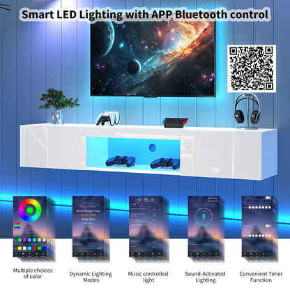 Wandmeubel – Tv Meubel – Hangend Kastje – Hoogglans Kast – Wit Wandkast – Geschikt Voor 70 Inch Tv – Draaggewicht 30 Kg – LED Verlichting Met Bluetooth App - QUORE