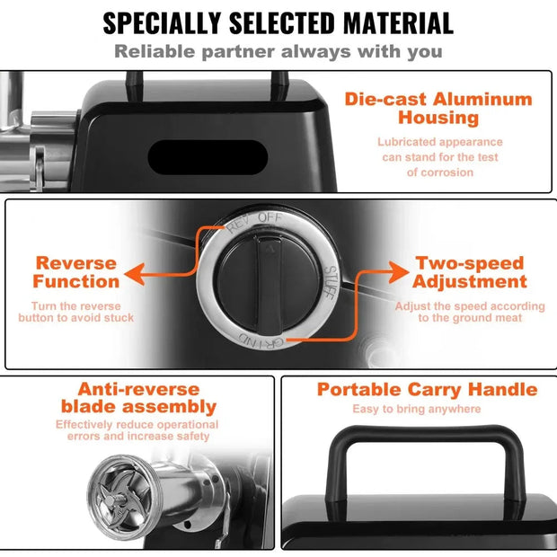 Elektrische Gehaktmolen - Voor alle soorten Vlees - Vleesmolens - worstenmaker - Keukenmolenmachine - 2 Messen 3 Maalplaten - 575W - 193 r/min - 419LBS/H - Zwart