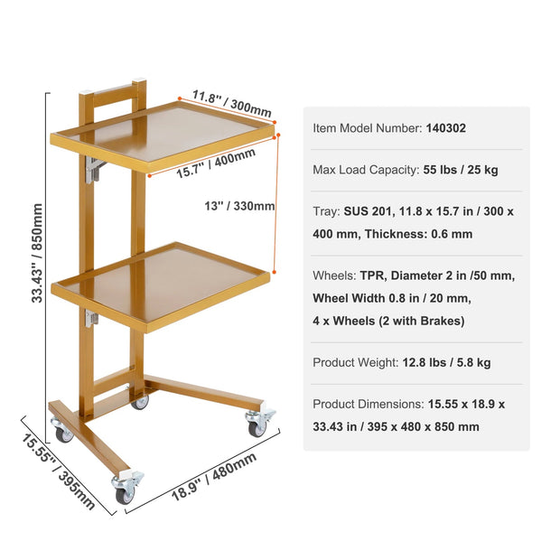 Laboratoriumkar - Wagen - Kar - Roestvrij Staal - Goud 4 Metaal 2 2 - met ABS Materiaal Lab Rolling Cart - voor Lab Kliniek Ziekenhuis Salon