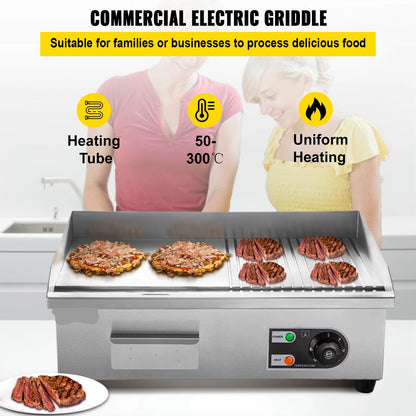 Elektrische Grillplaat - 2000W – Grillplaat - Teppanyaki Grill - Roestvrij Staal – 50-300°C Temperatuurregeling – 14 inch - Voor Horeca -en Thuisgebruik - Ruim Bakoppervlak