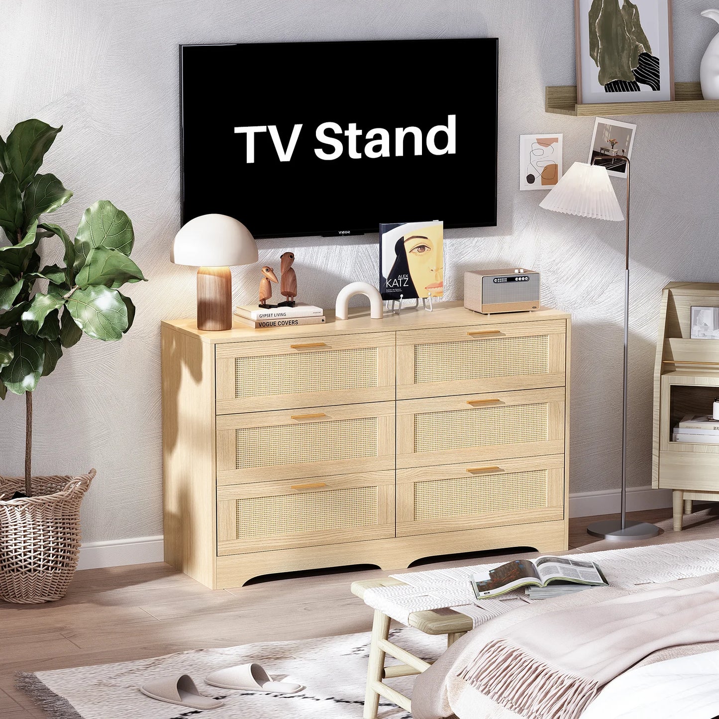 Ladekast – Opbergmeubel – Ladekasten – Opbergkast – Rattan Afwerking – 6 Ruime Lades – MDF Hout - 100 x 40 x 75 cm - Natuurlijk