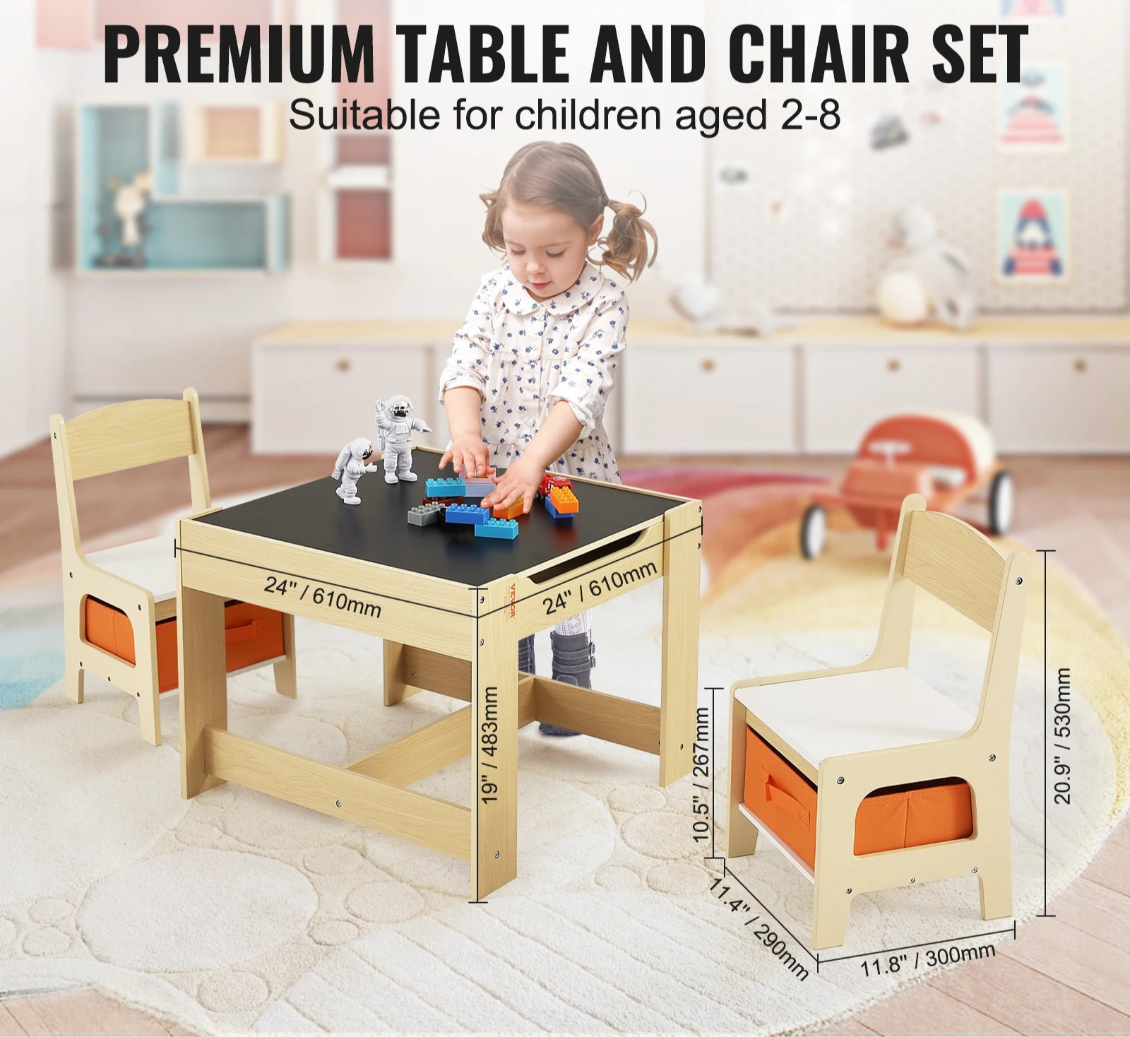 Kindertafel - Kindertafel en Stoeltjes - Kindertafel en Stoelen Set – Houten Activiteitentafel - met Opbergruimte - Dozen - voor Kunstambacht - Lezen - Leren - 61 x 61 x 48.3 cm - Zwart/Houtkleur - QUORE