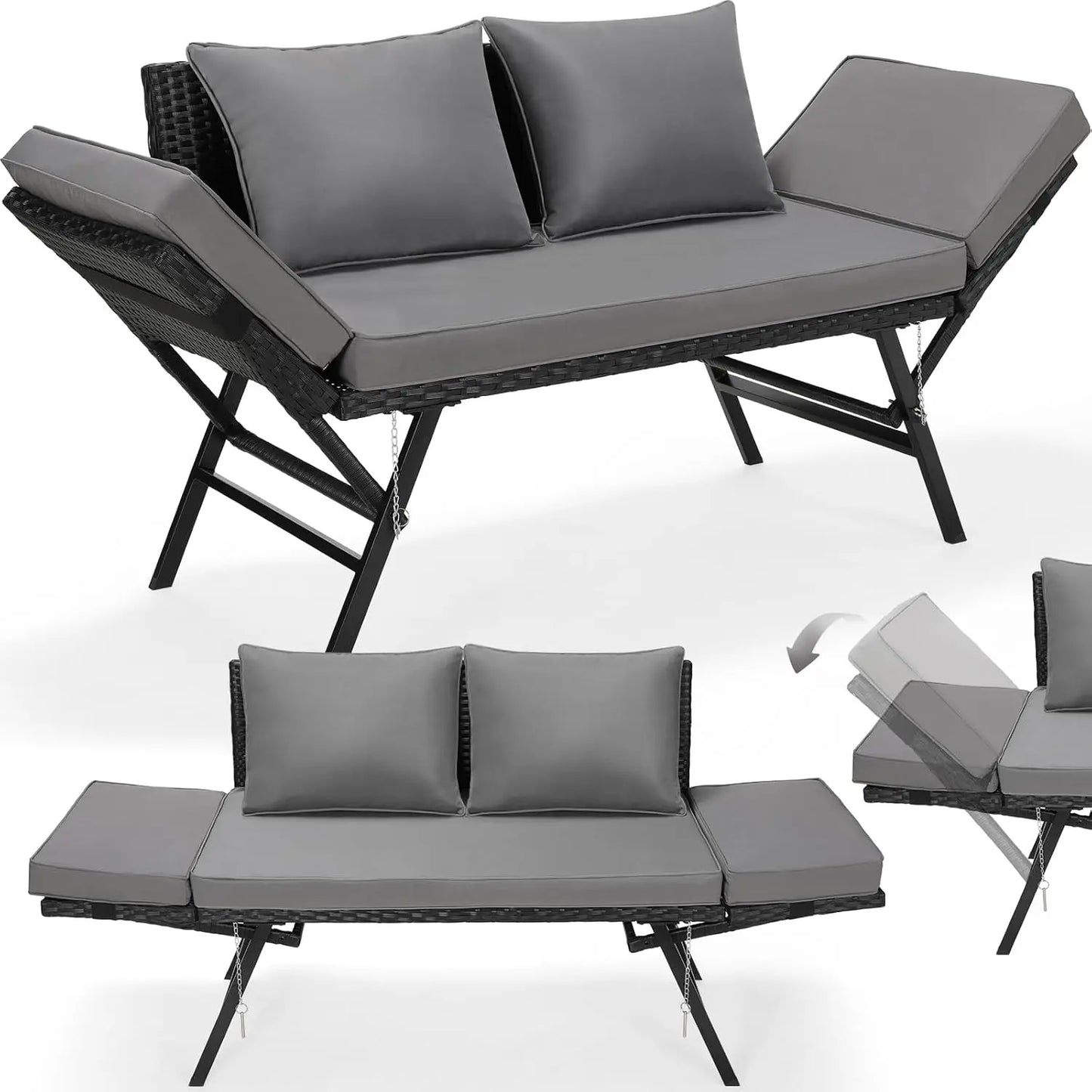 Tuinbank Polyrattan 3-zits – Loungeset – Buitenbank – Ligbank – Balkonbank – Verstelbare Armleuningen – Weerbestendig Zwart Polyrattan - QUORE