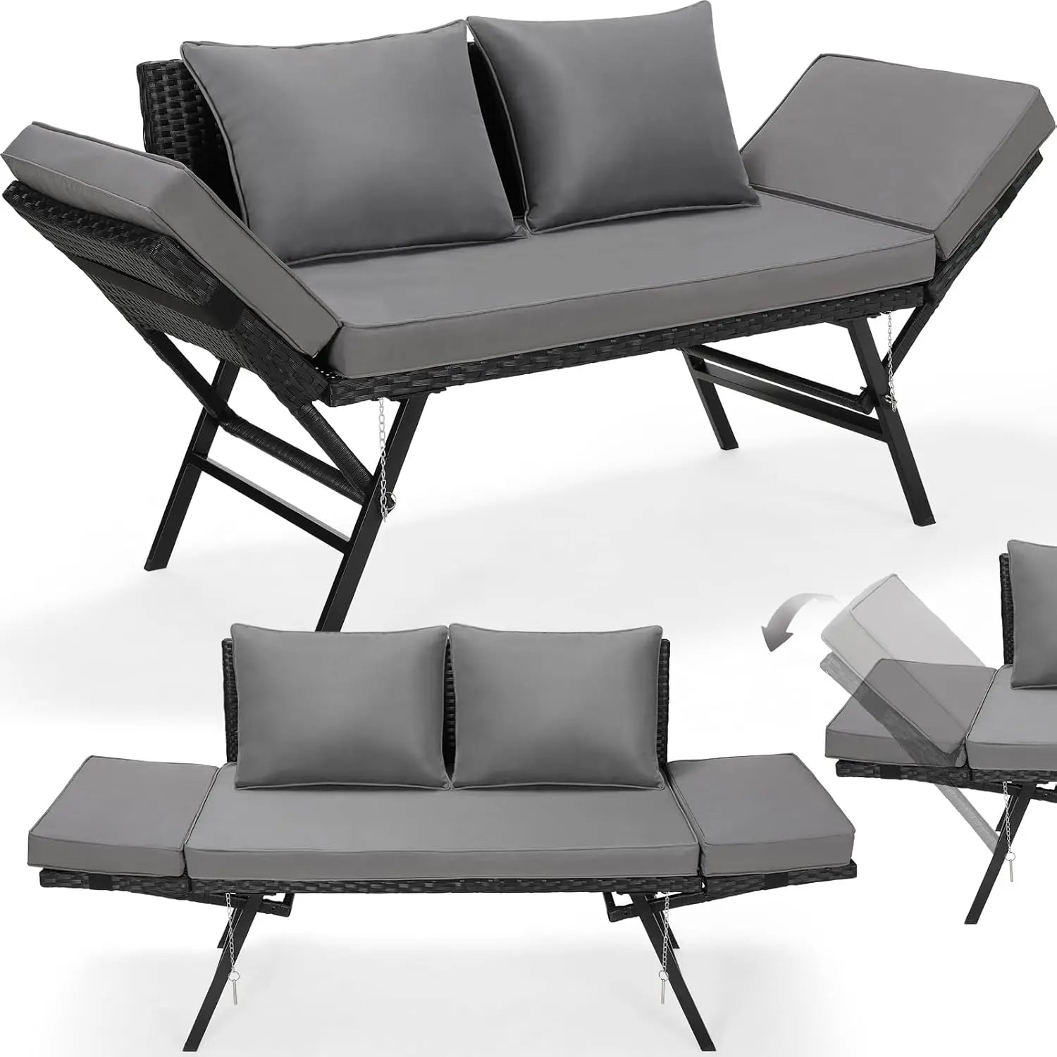 Tuinbank Polyrattan 3-zits – Loungeset – Buitenbank – Ligbank – Balkonbank – Verstelbare Armleuningen – Weerbestendig Zwart Polyrattan - QUORE
