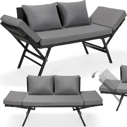 Tuinbank Polyrattan 3-zits – Loungeset – Buitenbank – Ligbank – Balkonbank – Verstelbare Armleuningen – Weerbestendig Zwart Polyrattan - QUORE