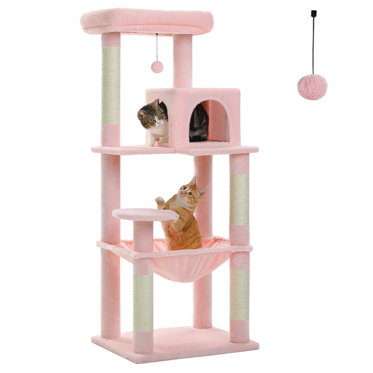 Kattenboom - voor Binnenkatten – Krabpaal - Multi-Level - met Grote Hangmat - Sisal Krabpalen - Kattenhuisje en Topplateau – Kattenmeubel - Arbre a Chat -143cm Hoog - Roze
