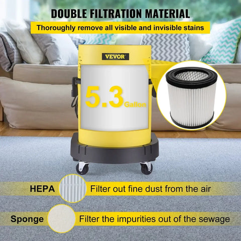 Vevor - Nat & Droog Stofzuiger - 5,3 Gallon - 220V - 1600W - HEPA & Spons - 17 kilowattuur - Afstandsbedieningshendel - 5 borstels - Geel
